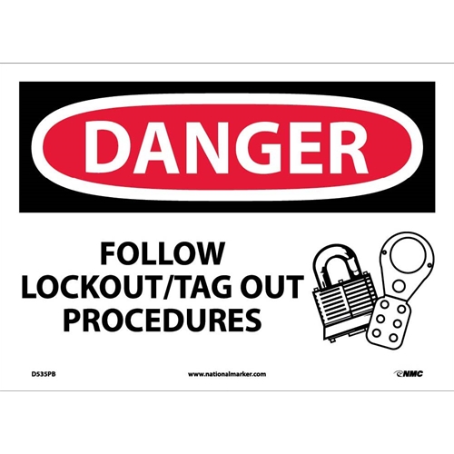 Click here to view larger image Danger Follow Lockout Tag Out Procedures Sign (D535PB)