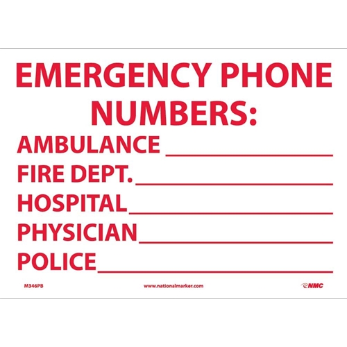 Click here to view larger image Emergency Phone Numbers Sign (M346PB)
