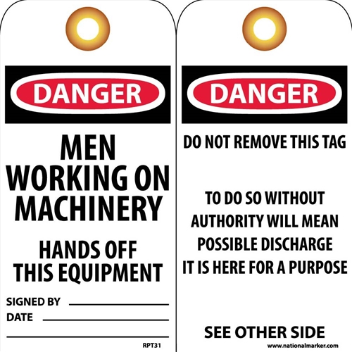 Danger Men Working On Machinery Hands Off This Equipment Tag (RPT31G)